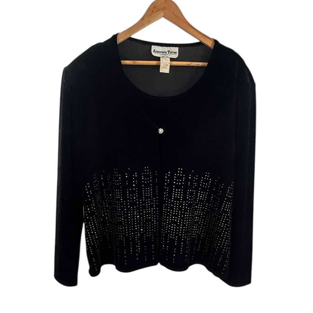 Another Thyme Black Long Sleeve Embellished Rhinestone Velvet‎ Trim Top XL